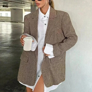 Brown Elegant Women's Lapel Collar Houndstooth Suit Jacket